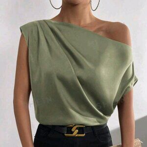 SHEIN Frenchy Solid Asymmetrical Neck Batwing Sleeve Satin Blouse